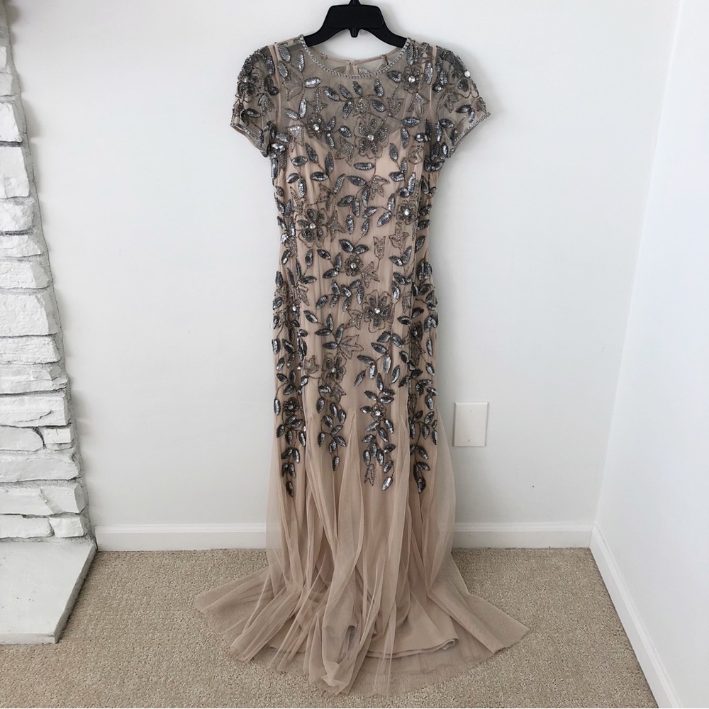 Adrianna Papell Embellished Maxi Dress in Taupe and Silver